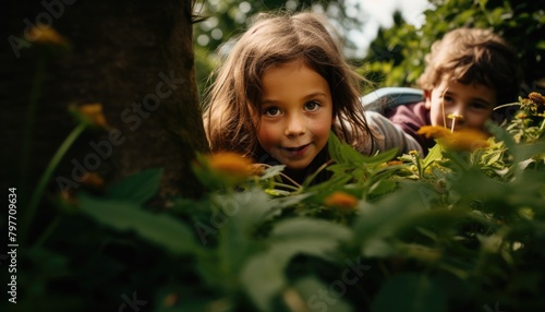 Two kids are standing in the grass  playing hide and seek in a garden on a sunny day