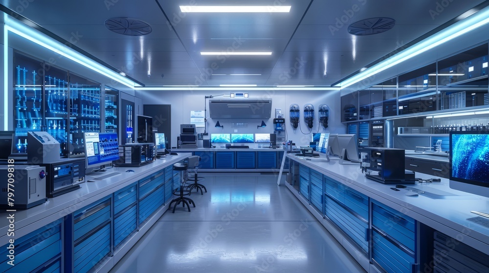 Spacious Modern Laboratory with Monitors and Blue Drawers
