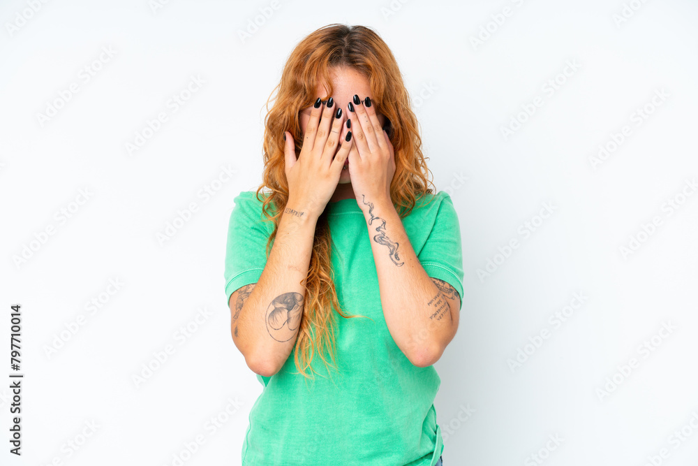 Young caucasian woman isolated on white background covering eyes by hands Young caucasian woman isolated on white background covering eyes by hands