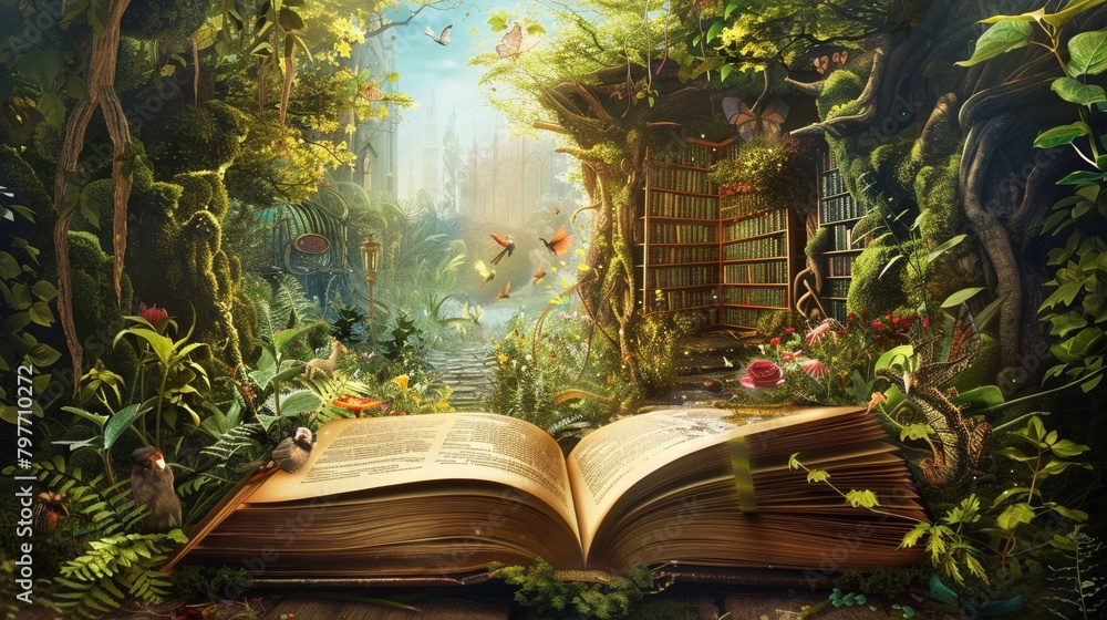 An open book creating a gateway to a fantasy realm with lush greenery ...