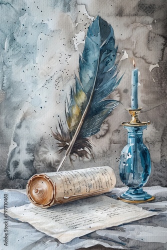 A vintage watercolor still life depicts a quill pen resting on parchment beside a rolled scroll and a lit candle in a blue glass holder. photo