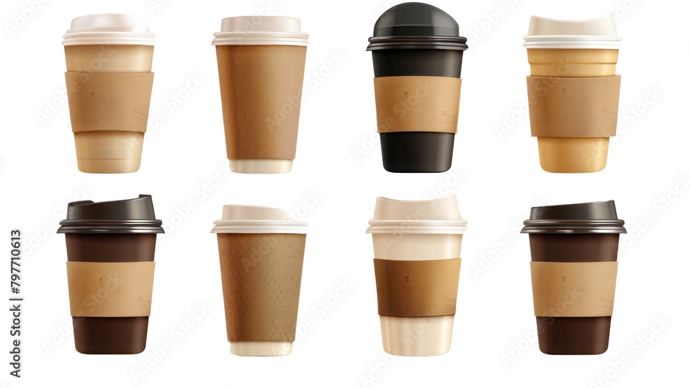 A row of coffee cups with lids and paper sleeves A row of coffee cups with lids and paper sleeves
