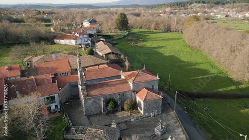 Aerial view of Santa Uxia de Eiras Church, lush Galician surrounds, San Amaro photo