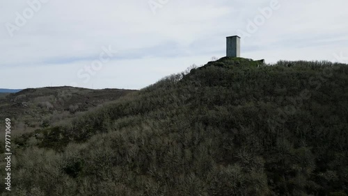 Lone Tower Da Pena Ruins, Xinzo de Limia, Hilltop View, Spain - aerial photo