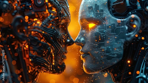 An evocative image portraying the duality of human and artificial intelligence, with one side dep photo