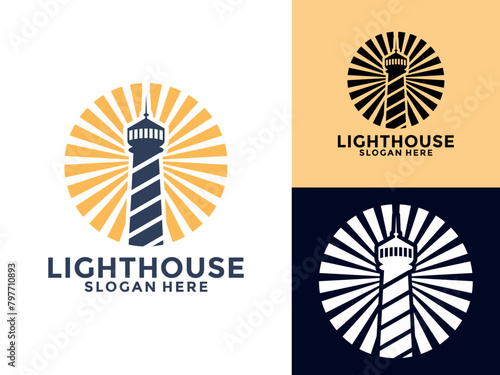 Lighthouse logo. Harbor icon. Light beacon symbol. Maritime tower logo Vector illustration.