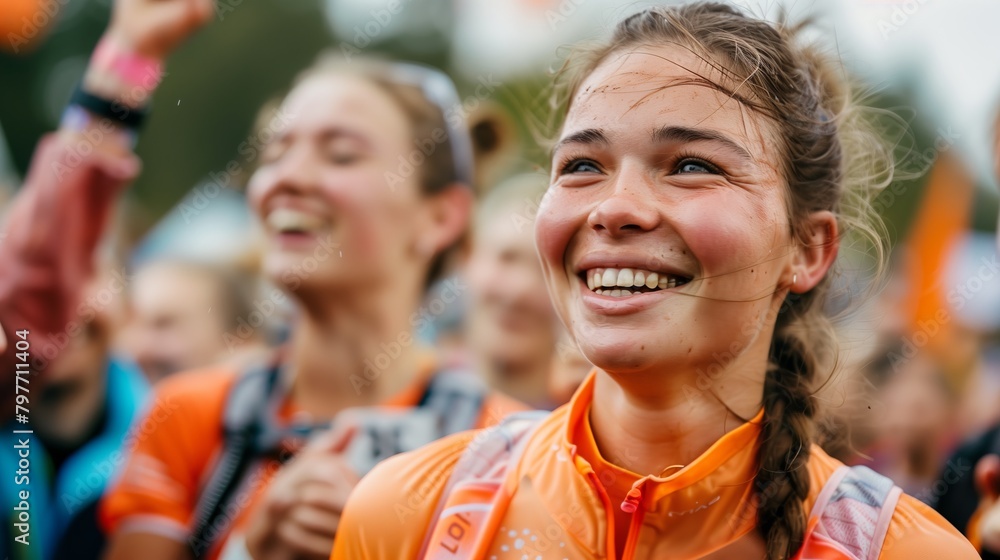 Glückliche Athletin nach dem Rennen Glückliche Athletin nach dem Rennen