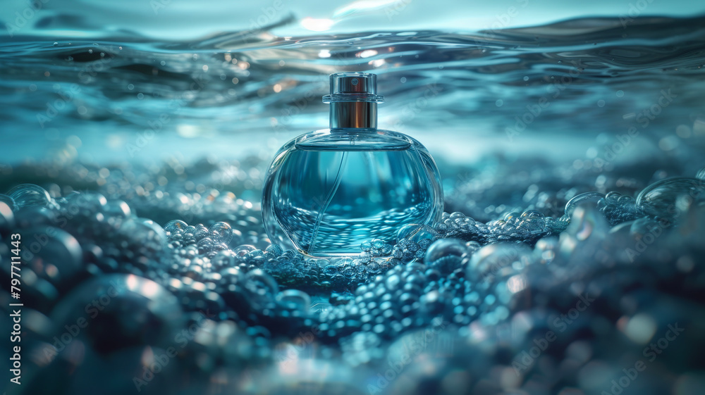 Round glass perfume bottle with a metallic cap, partially submerged in a sea of bubbles, creating a serene underwater atmosphere Round glass perfume bottle with a metallic cap, partially submerged in a sea of bubbles, creating a serene underwater atmosphere