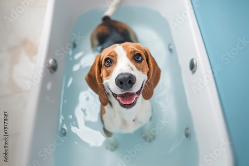 Beagle looking up animal pet bathtub. © Rawpixel.com