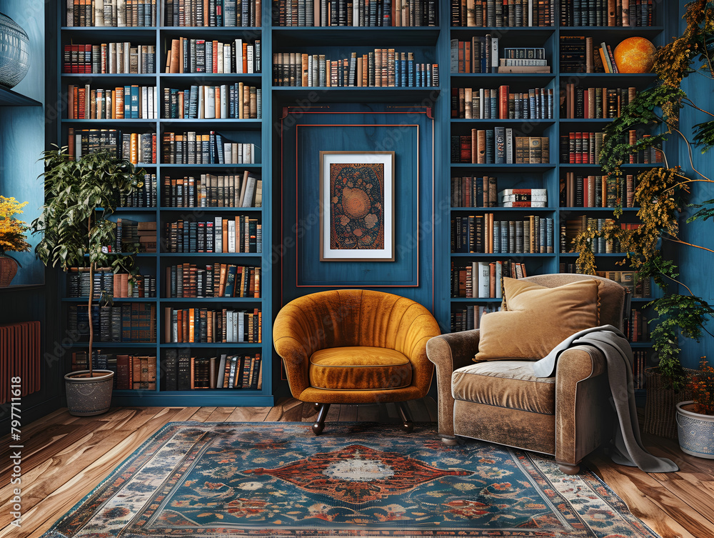 Obraz premium Warmth and Serenity: White Frame Mockup Enhances Cozy Atmosphere in Reading Nook