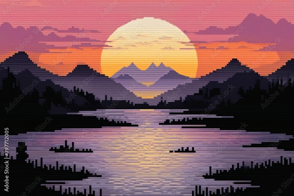 Cross stitch pond landscape blackboard panoramic. Cross stitch pond landscape blackboard panoramic.