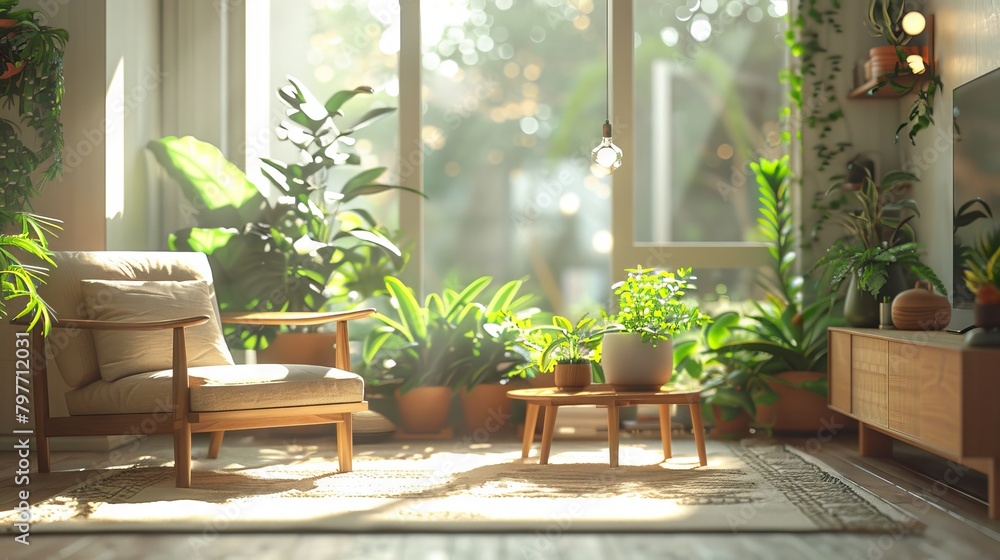 Scandinavian Style Living Room with Wooden Furniture and Plants