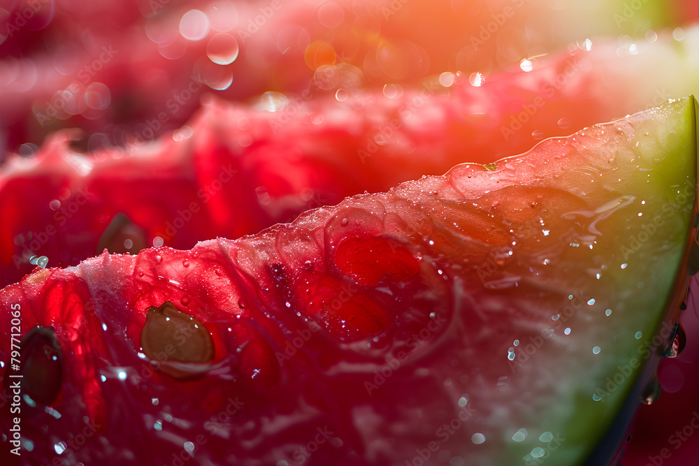 Macro shot of a juicy watermelon slice, with seeds and vibrant red flesh highlighted by sunlight Macro shot of a juicy watermelon slice, with seeds and vibrant red flesh highlighted by sunlight