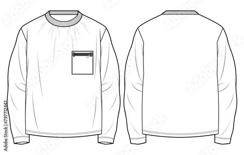 Men's long sleeve Crew neck T Shirt with pockets flat sketch fashion illustration drawing template mock up with front and back view