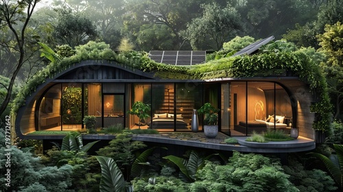 Eco-friendly home filled with sustainable products, featuring biodegradable materials and solar panels, nestled in a lush forest photo