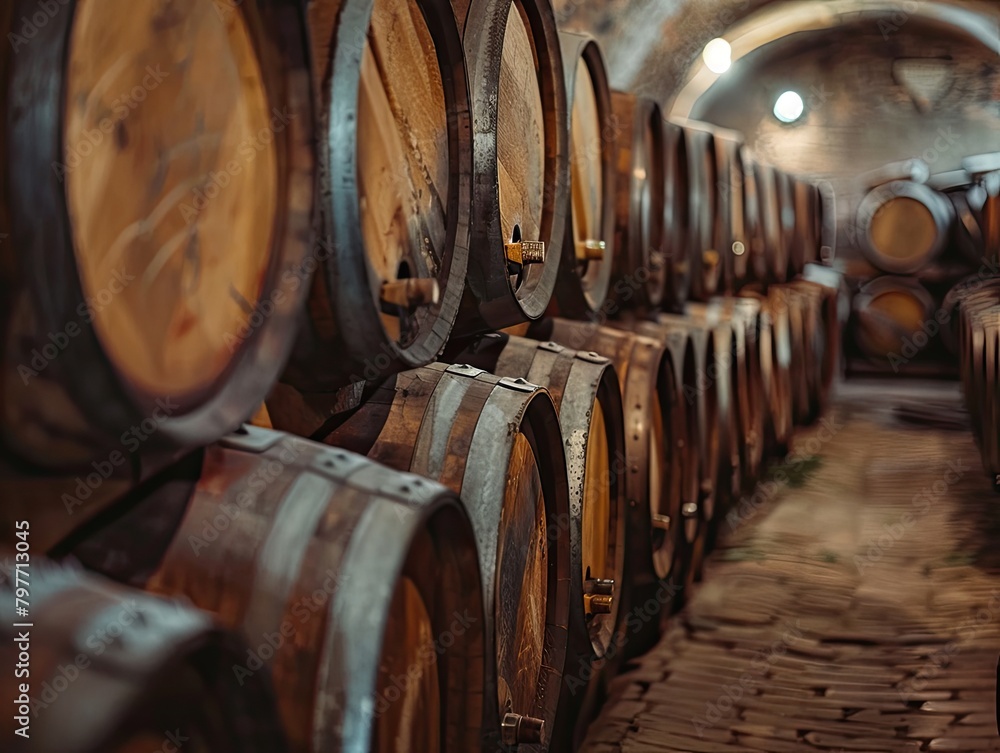 Cellar with aged whiskey barrels