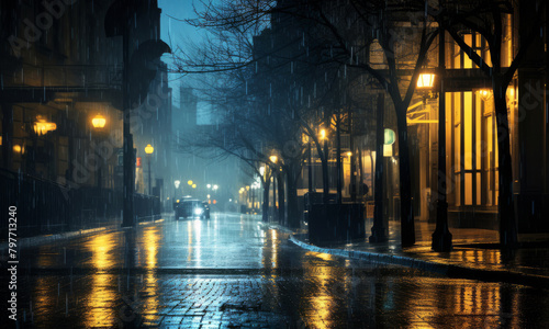 A city street at night reflecting lights on wet pavement as rain falls