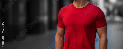 Man wearing a red shirt standing in street, Shirt mockup template © JM Nimhas