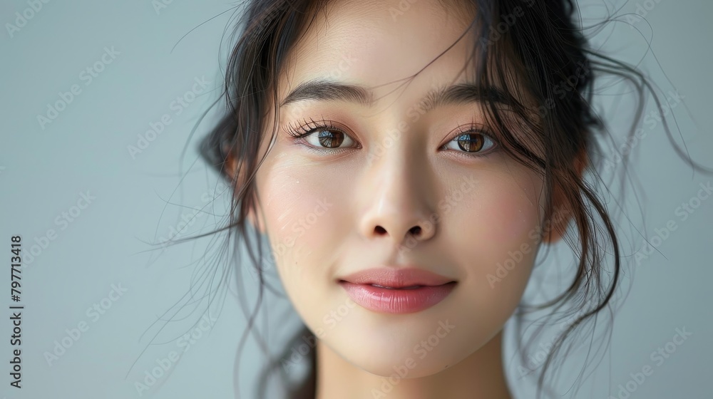 A close-up portrait of an Asian woman with soft, natural makeup, her gentle smile and serene eyes exuding an aura of tranquility