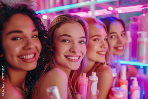 Young attractive smiling women super in a room filled with skin care products. Generative AI