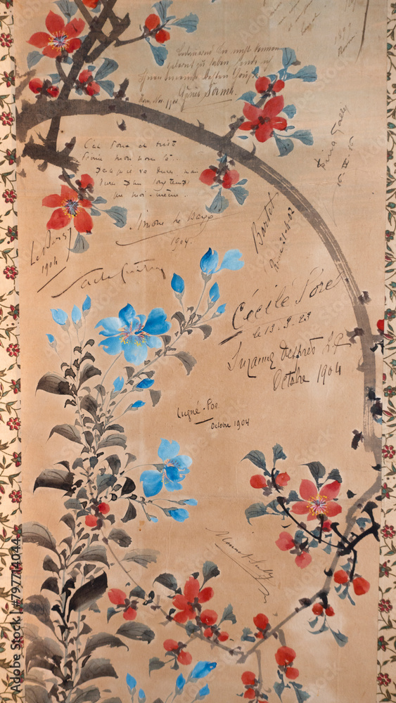 Fototapeta premium Old antique Japanese kakejiku, kakemono, kacho-ga, with thoughts and signatures of international personalities of history, culture and arts.