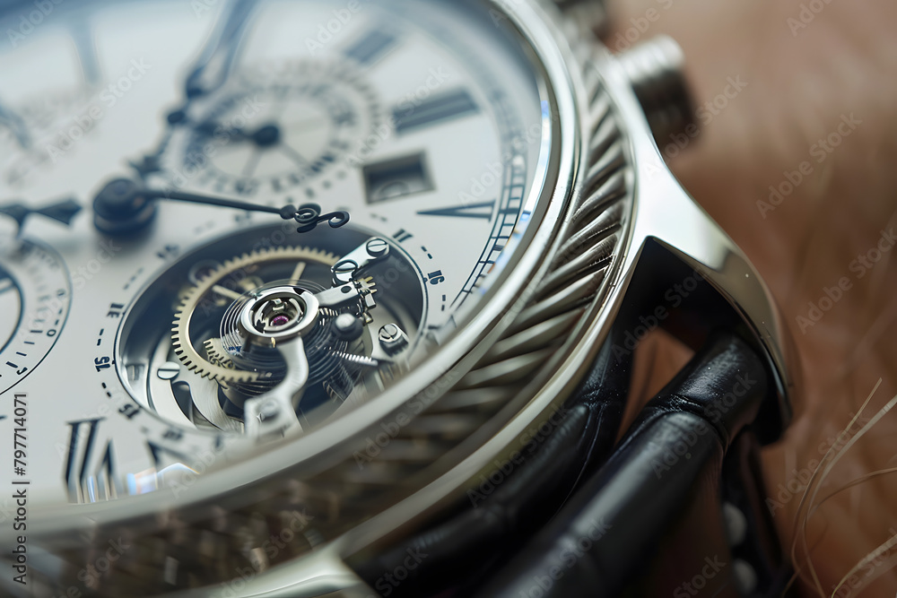 Detailed close-up of a mechanical watch on a wrist, showcasing the intricate design and craftsmanship Detailed close-up of a mechanical watch on a wrist, showcasing the intricate design and craftsmanship