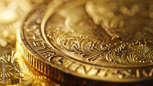 Close-up of a shiny gold coin with intricate engravings photo