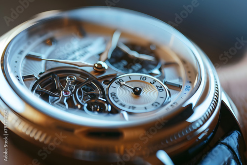 Detailed close-up of a mechanical watch on a wrist, showcasing the intricate design and craftsmanship
