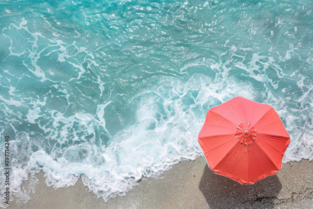 Umbrella on the beach and foam of sea wave. Top view. Generative AI
