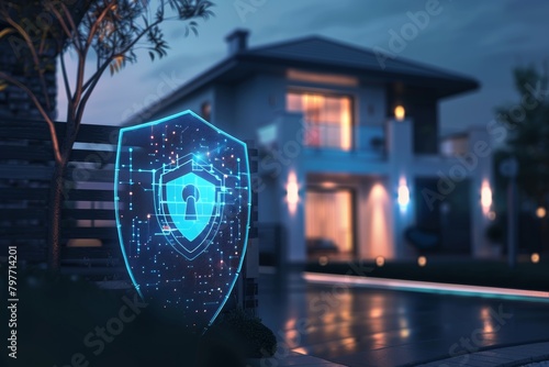 Futuristic security system with holographic shield and lock