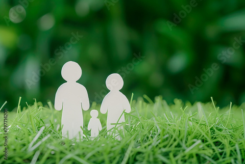 White paper family cut out on green grass background. Family life insurance concept photo