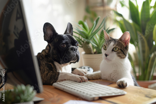Dog and a cat sitting on a table and browsing on a computer. Generative AI photo
