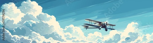 Vintage aviation background with stylized biplanes and clouds, nostalgic and airy, vector art, sky blue and white palette, no modern aircraft photo