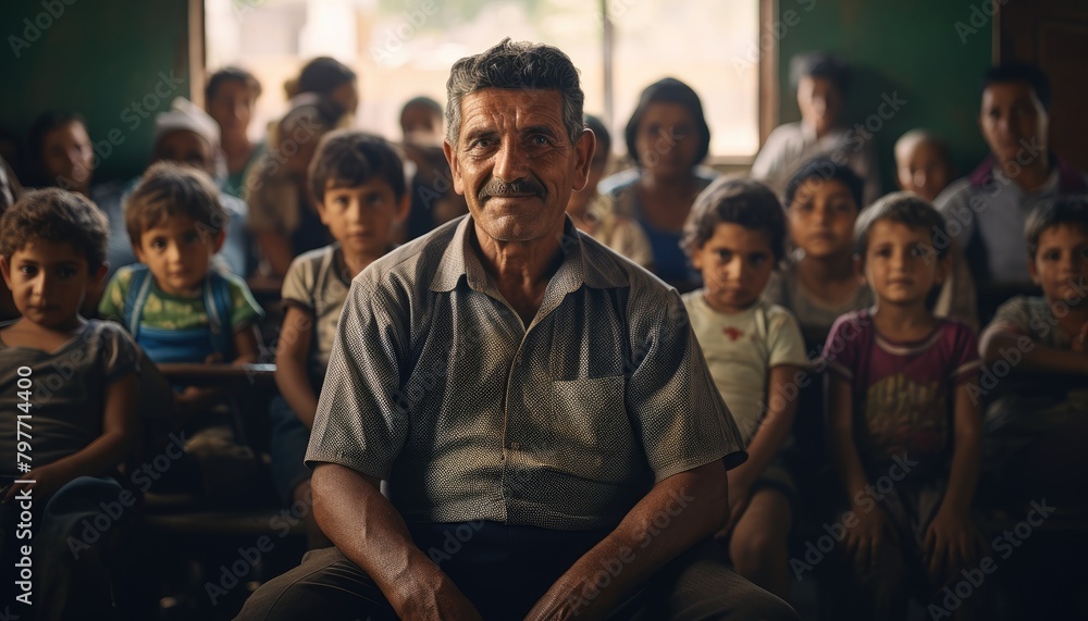 Fototapeta premium A man sits in front of a group of attentive children during a community workshop