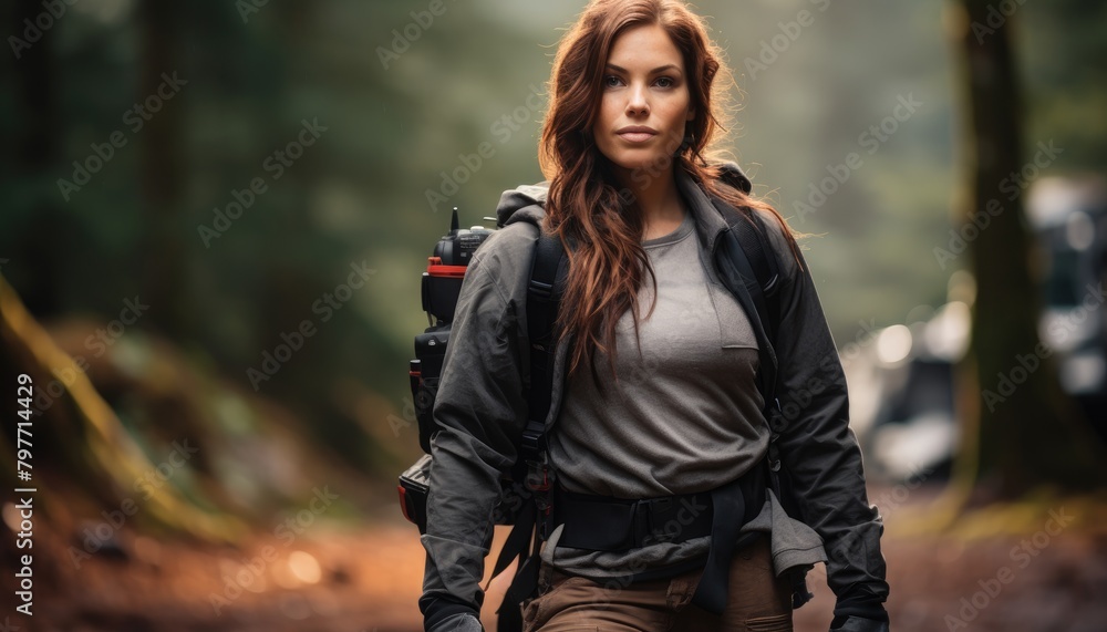 A woman with a backpack is walking through the woods, surrounded by trees and nature A woman with a backpack is walking through the woods, surrounded by trees and nature