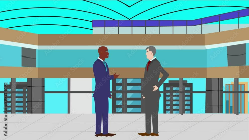 2D animation of two business man character talking each other in modern office area 2D animation of two business man character talking each other in modern office area