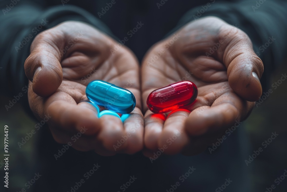 Hands cradling red and blue pills, symbolizing choice Hands cradling red and blue pills, symbolizing choice