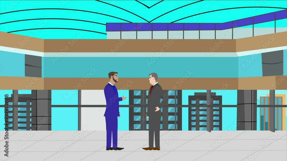 2D animation of two business man character talking each other in modern office area 2D animation of two business man character talking each other in modern office area