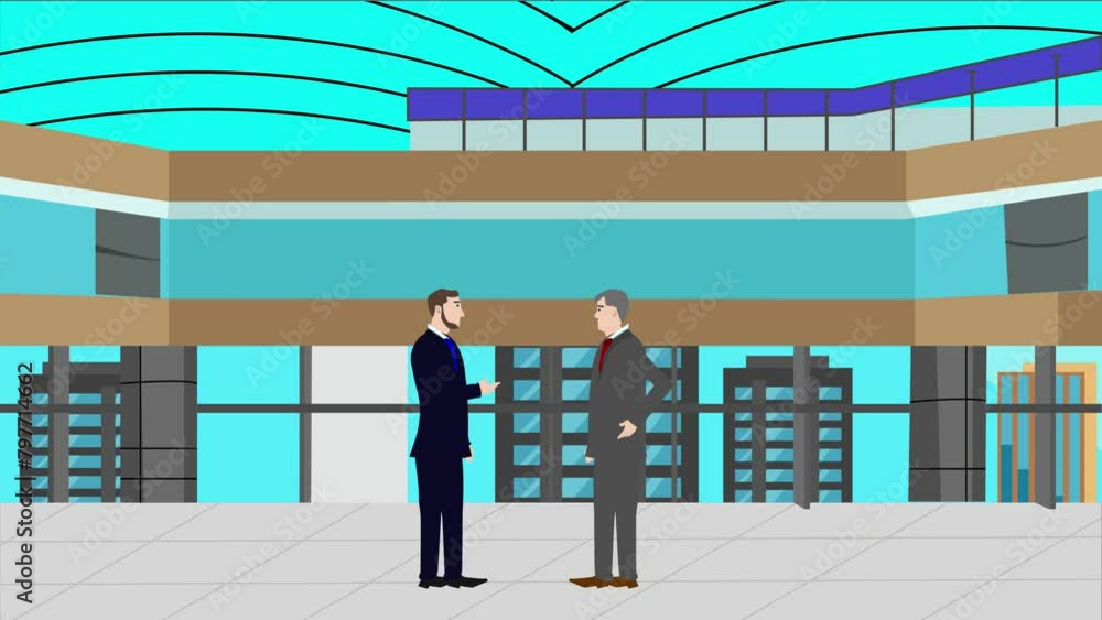 2D animation of two business man character talking each other in modern office area 2D animation of two business man character talking each other in modern office area