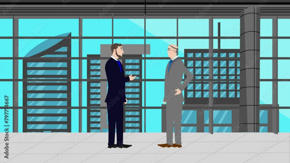 2D animation of two business man character talking each other in modern office area 2D animation of two business man character talking each other in modern office area