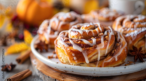 Sticky bun with icing, a delicious dessert on a wooden table photo