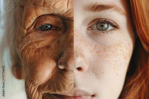 Concept of aging and skin care. Face of young woman and an old woman with wrinkles. Generative AI photo