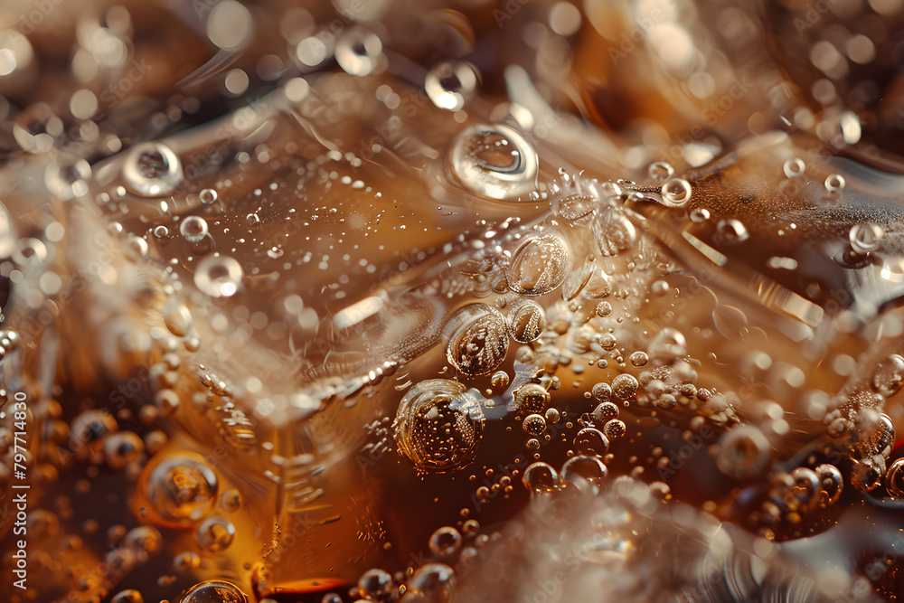 Macro shot of ice cubes in a cold brew coffee, focusing on the droplets and the deep brown of the coffee Macro shot of ice cubes in a cold brew coffee, focusing on the droplets and the deep brown of the coffee