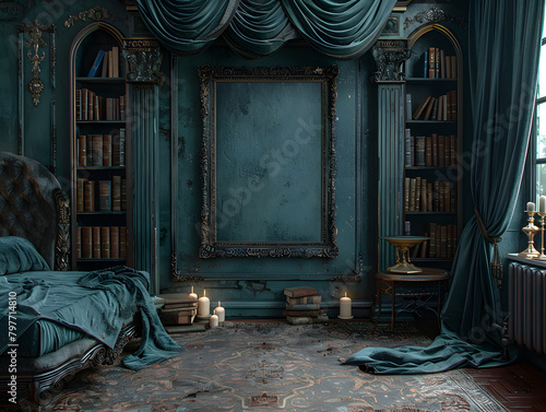 Gothic Elegance: Dark Academia Vampire's Bedroom with White Frame Mockup