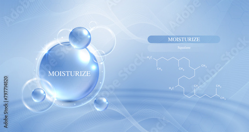 Moisturizer and hyaluronic acid on a blue background. skin care with water droplets is absorbed into the skin and cells. use ads, lotions, serums, creams. medical and scientific concepts. vector.