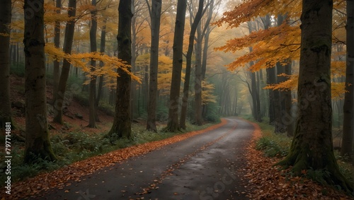 A quiet forest pathway blanketed with autumn leaves ai_generated