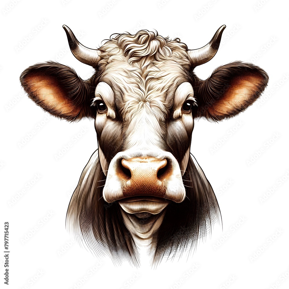 A cow painting with horns and a nose ring on a white background.