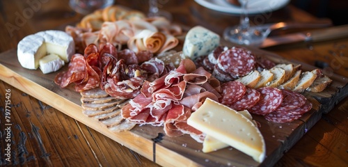 Artisanal charcuterie board featuring an assortment of cured meats and cheeses.