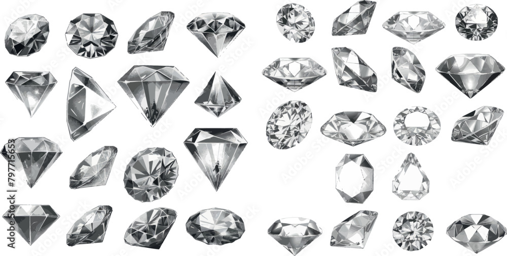 Brilliant shapes. Diamonds vector icons isolated on white, cutting precious stone set Brilliant shapes. Diamonds vector icons isolated on white, cutting precious stone set