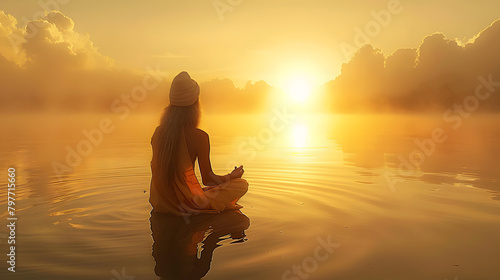 A spiritual guru meditates on a serene misty lake, embraced by the warm glow of a rising sun, radiating peace and reflection photo